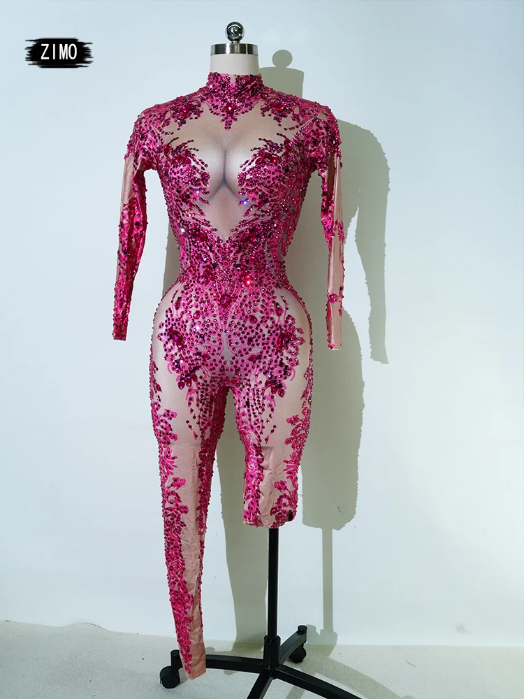 

Rhinestones Rose Red Sexy Party Jumpsuit Women Nightclub Bar Prom Leotard Dance Singer Stage Outfits Ds Performance Costumes