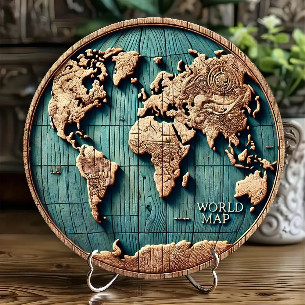 CIFBUY Vintage World Map Aluminum Wall Art Waterproof Rustic Iron Plate Decor for Farmhouse Living Room Bedroom
