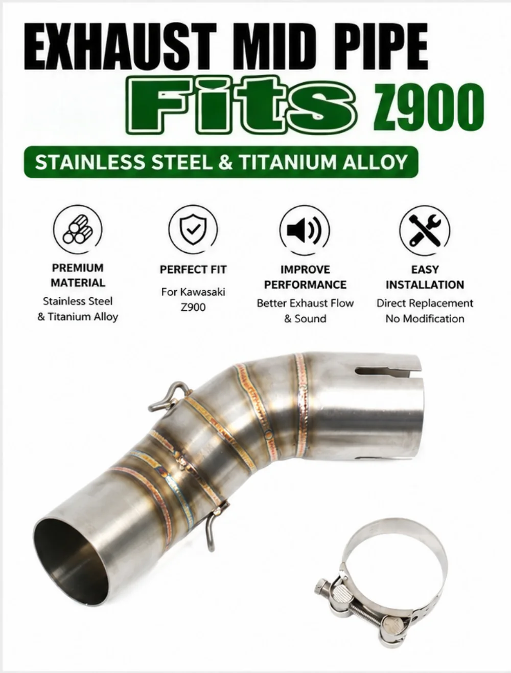 Burnt Titanium Stainless Steel Motorcycle Exhaust Mid Link Pipe Fit Kawasaki Z900 51mm Inlet Outlet Connect Tube With Clamp
