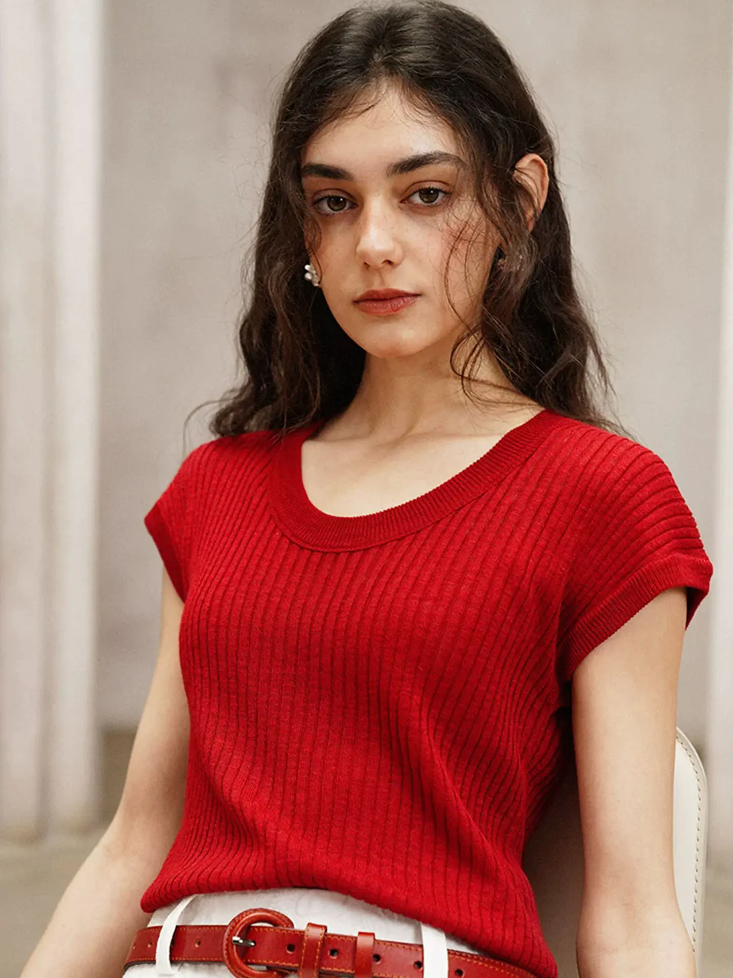 

Women's Summer Tomato Red Round Neck Vertical Slim Knitted T-shirt