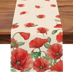 Red Poppy Petal Flower Linen Table Runner Summer Fall Floral Dresser Scarf Table Decor Holiday Wedding Party Home Banquet Decor