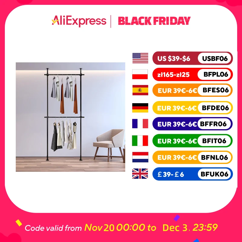 

2-Tier Black Carbon Steel Closet Organizer - Garment Rack for Clothes Hanger Storage, Space-Saving Solution for Wardrobes