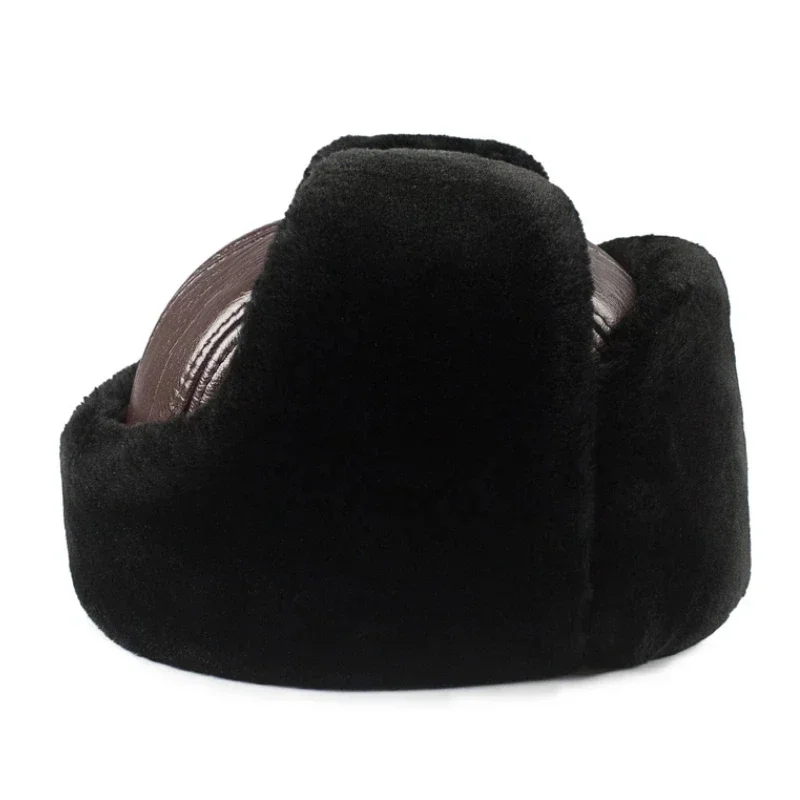 Male Winter Warm Ear Protection Bomber Hat Man Genuine Leather Faux Fur Military Cap Inside Black Brown 55-60cm Flat Roof Caps