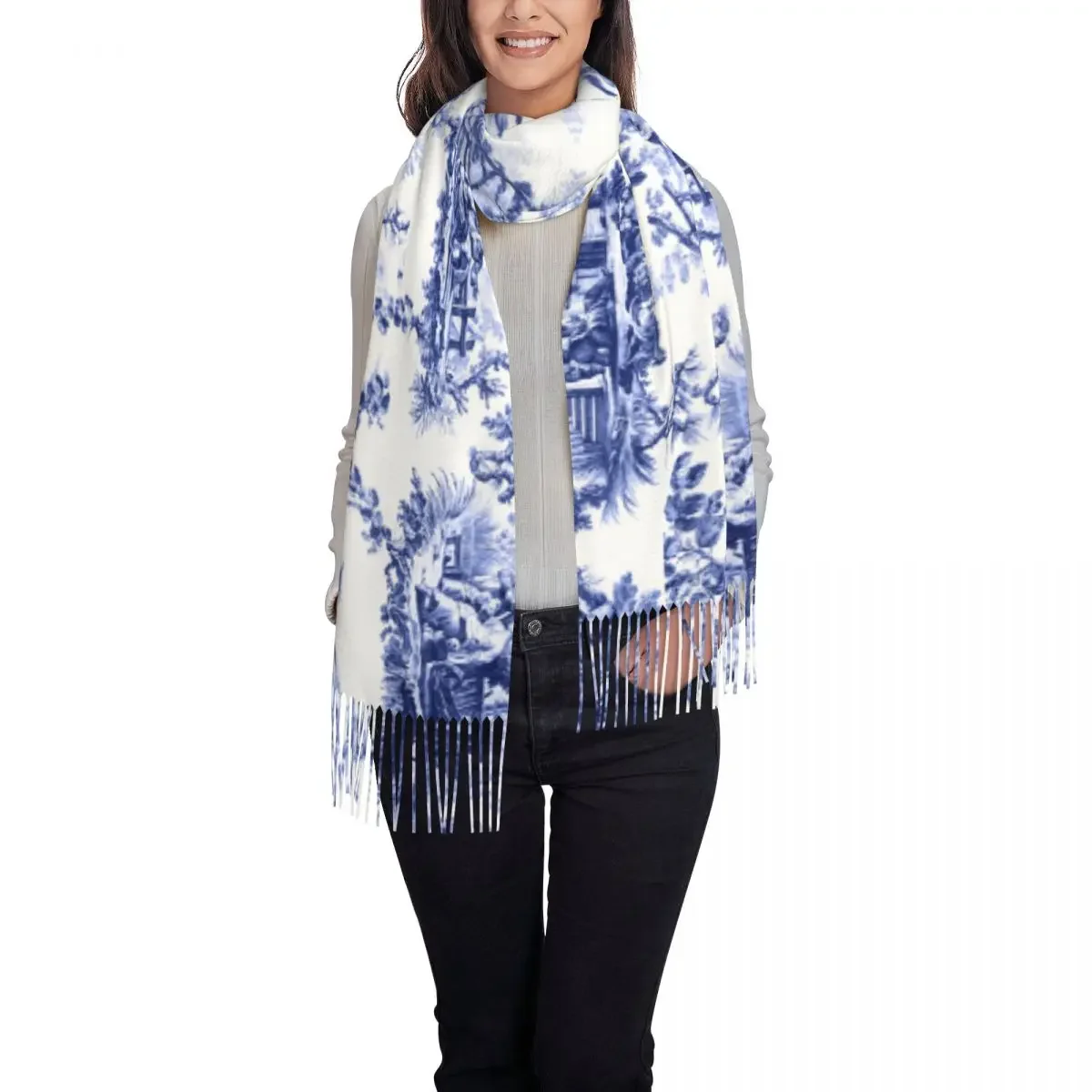 Lady Long Blue And White Delft Chinoiserie Toile Scarves Women Winter Soft Warm Tassel Shawl Wraps Scarf