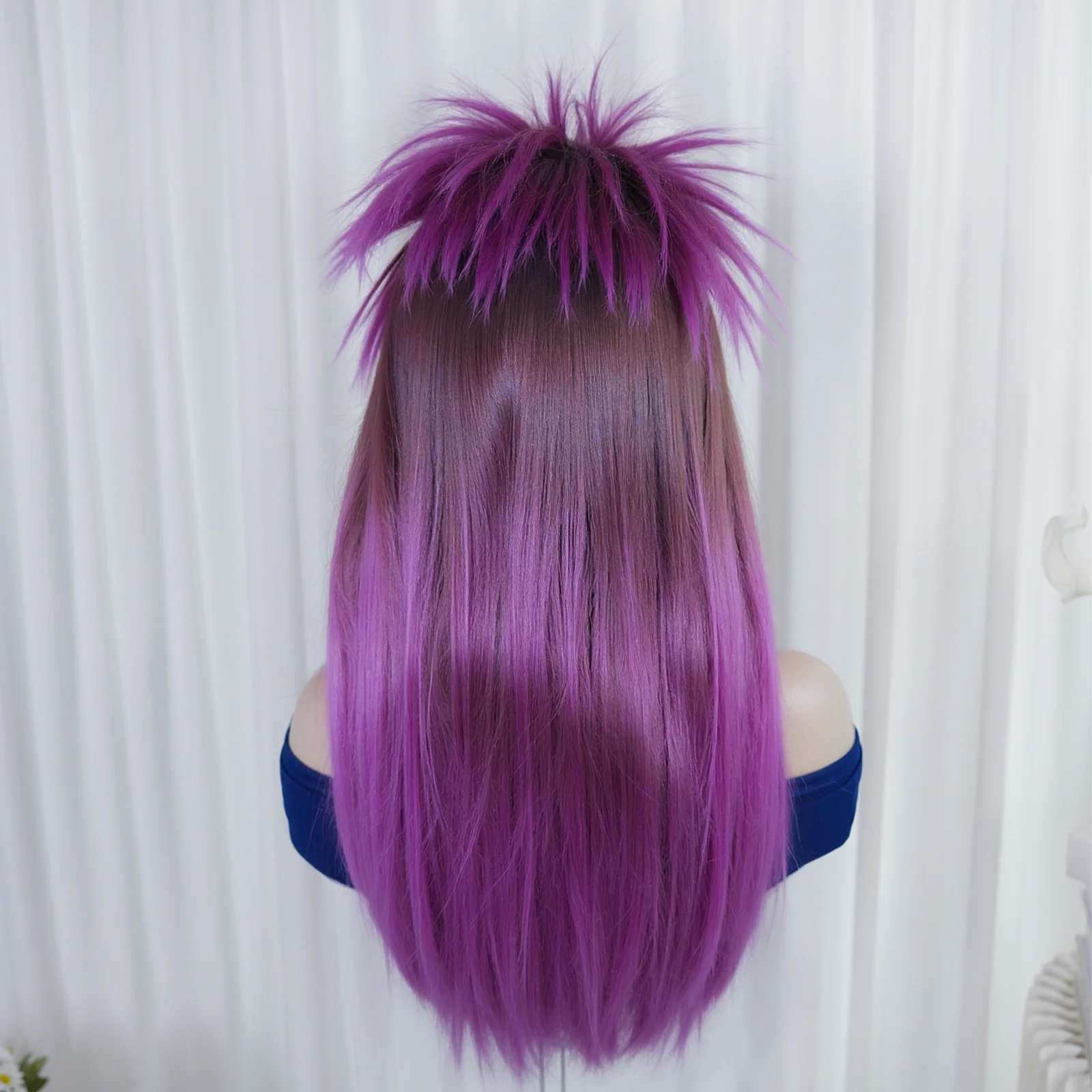 Rock Mullet Wig With Necklace Brown Purple Long Straight Layered Punk Synthetic Cosplay Wig For Women Men Halloween Cosplay