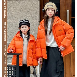 2-12 Years Teen Girls Jacket Winter New Solid Color Glossy Letter Print Waterproof Hooded Coats For Boy Lining Plush Warm Jacket