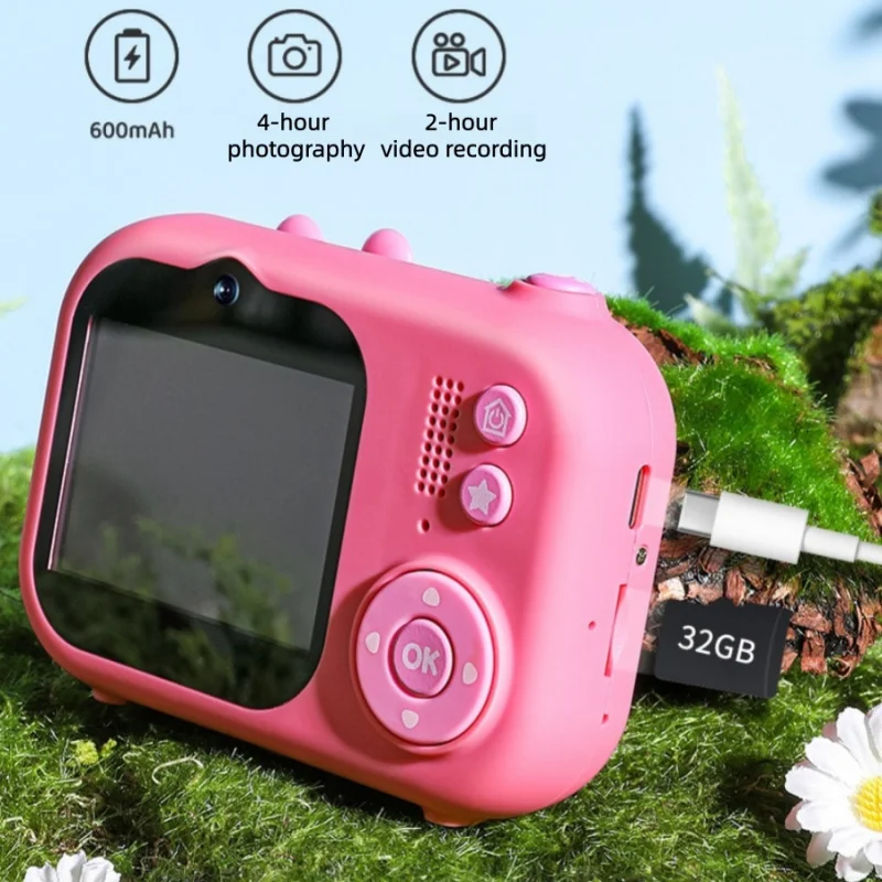 Câmera digital infantil com câmeras frontal e traseira para tirar fotos e vídeos, tripé, desenho animado, coelho, menina, menino, presente de aniversário, console de jogos