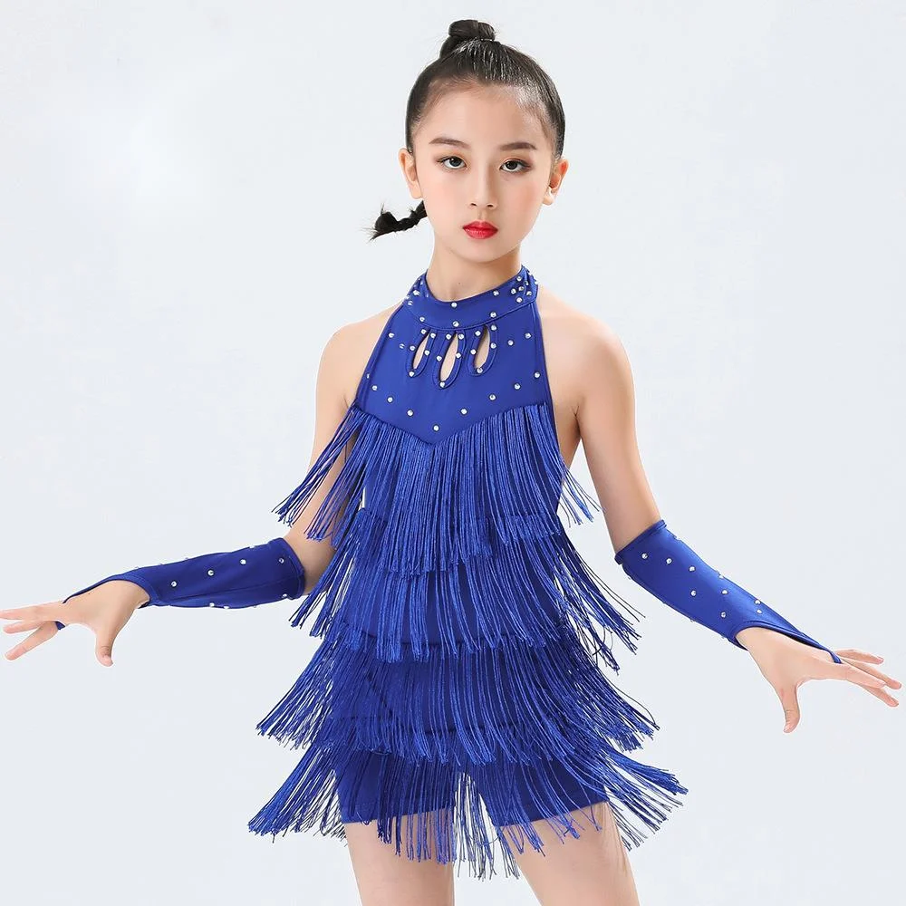 Kids Latin Dance Costume Sequin Fringe Dress for Girls - Professional Salsa Bachata Ballroom Tango Competition Wear