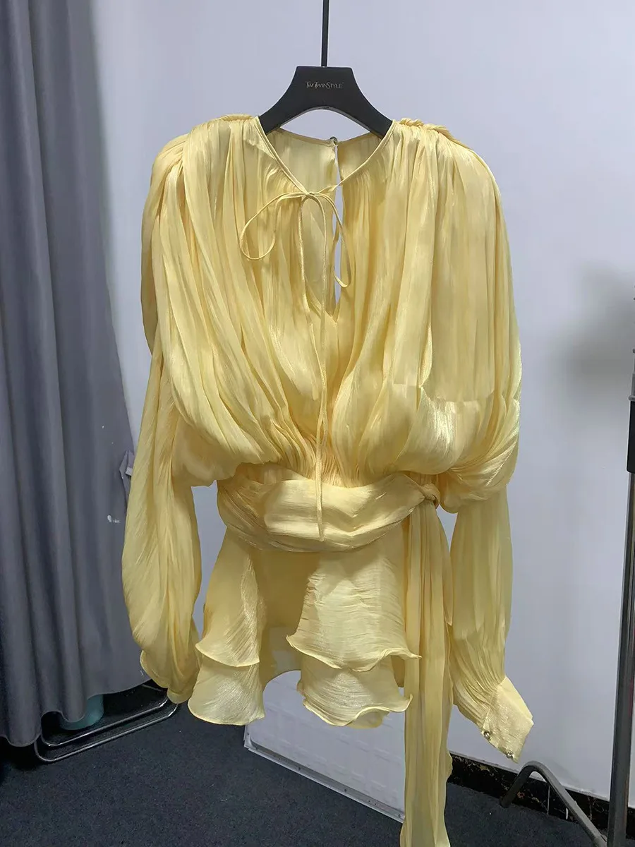 

DFDG 2025 SS Women’s Bubble Sleeve Tiered Dress Set Ruffle Hem Gathered Design Short Outfit Spring Summer Two Piece Coord Set