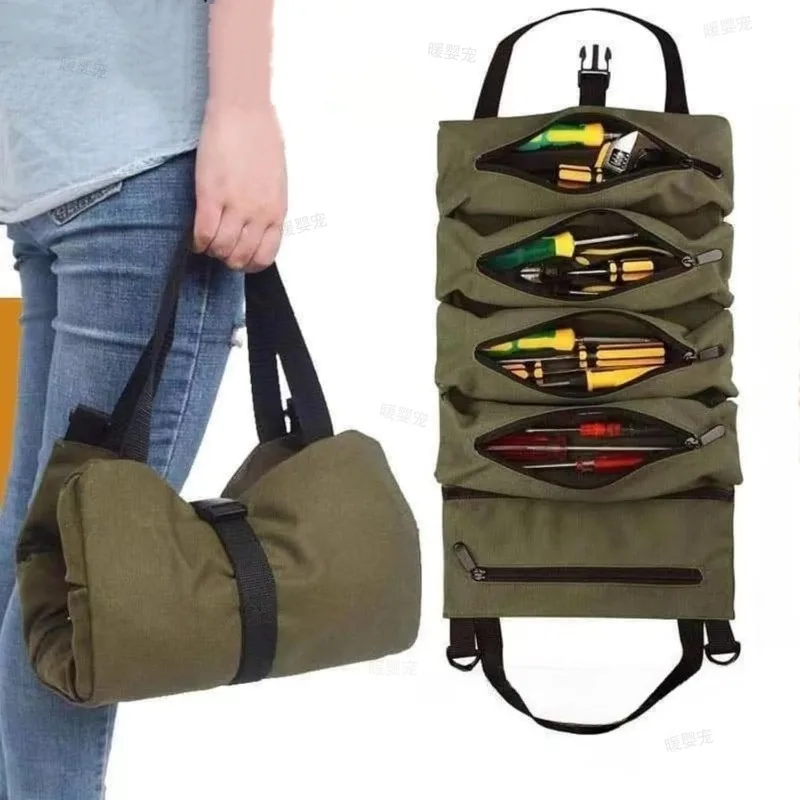 Multi-Purpose Roll Up Tool Bag Multi-Pocket Tool Roll Organizer Pouch with 5 Zipper Tool Pockets Car First Aid Kit