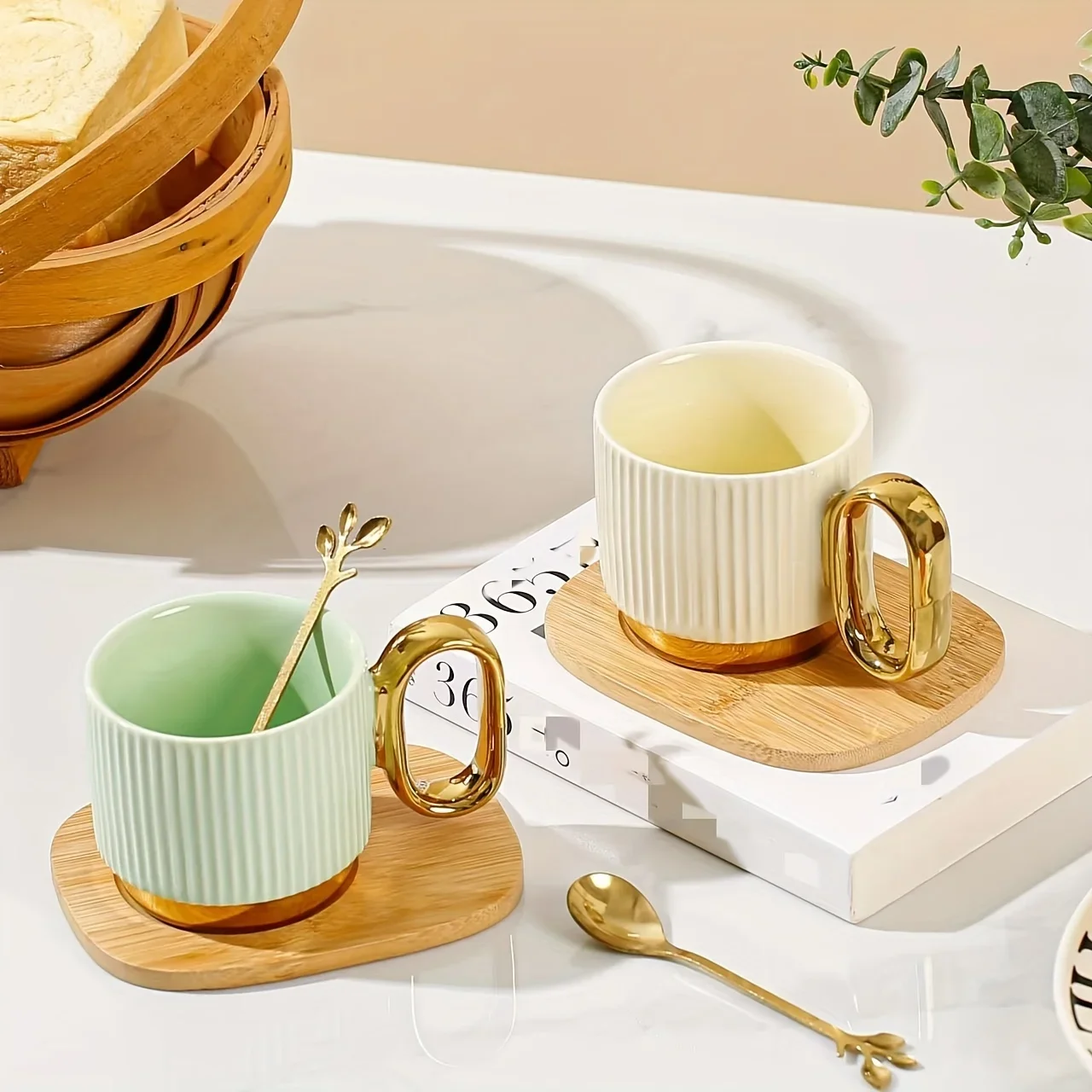 1set 220ml Simple Household Ceramic Cup with Spoon Plate Set Gold Handle Luxury Office High Temperature Resistance Mug Gifts