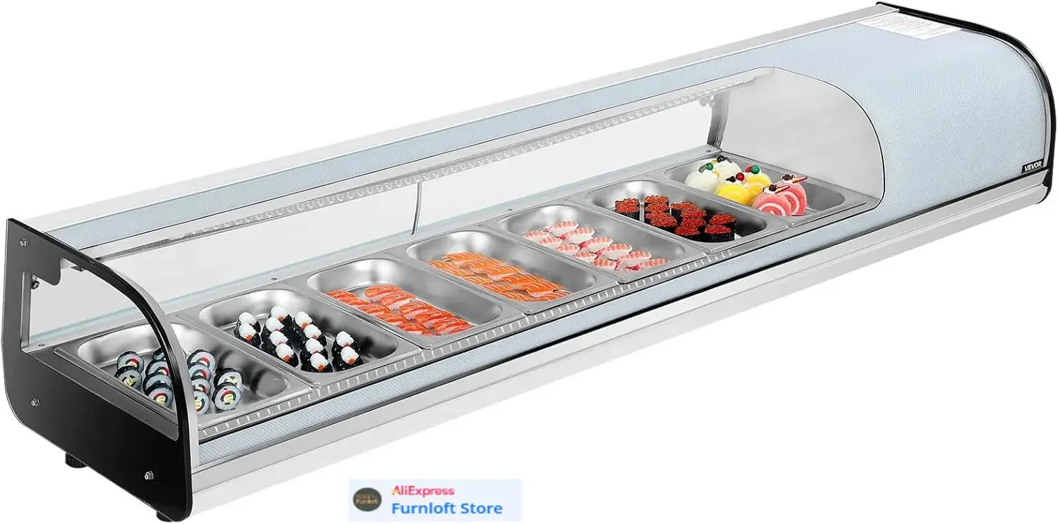 Sushi Display Case Refrigerator, 2.5 Cu.ft Commercial Sushi Case, 7-Pan Countertop Showcase with Curved Glass, LED Lighting, and