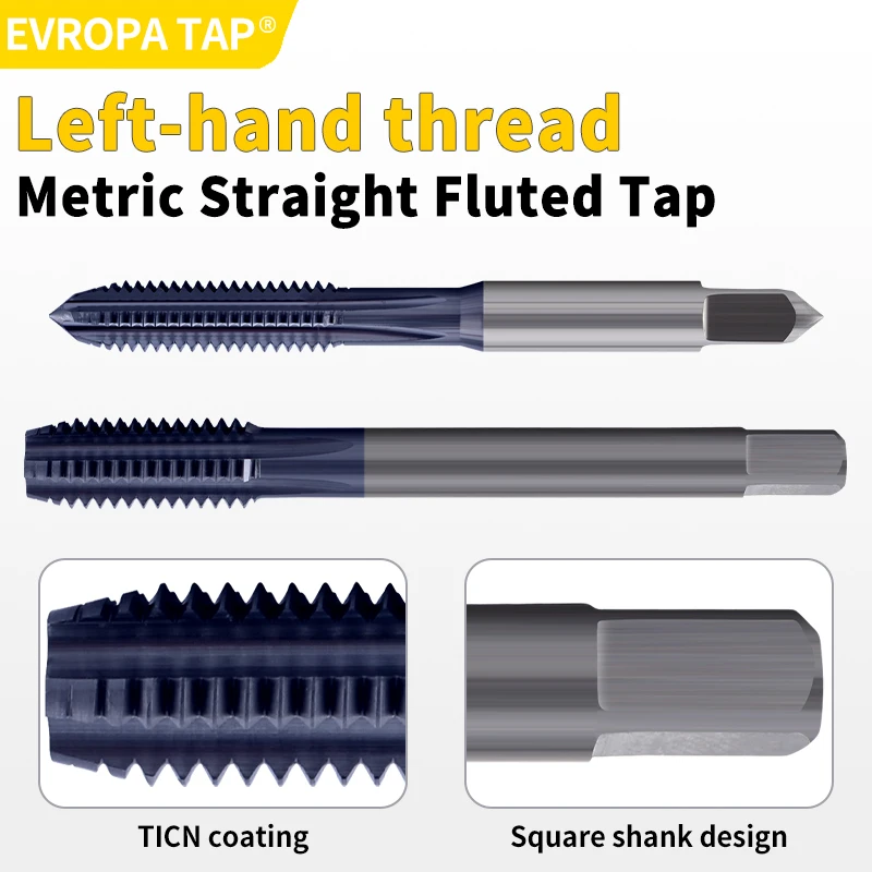 evropa-左ねじストレートフライタップ、m2-m18-lh、jis規格、ticnコーティング超硬合金マシンタップ
