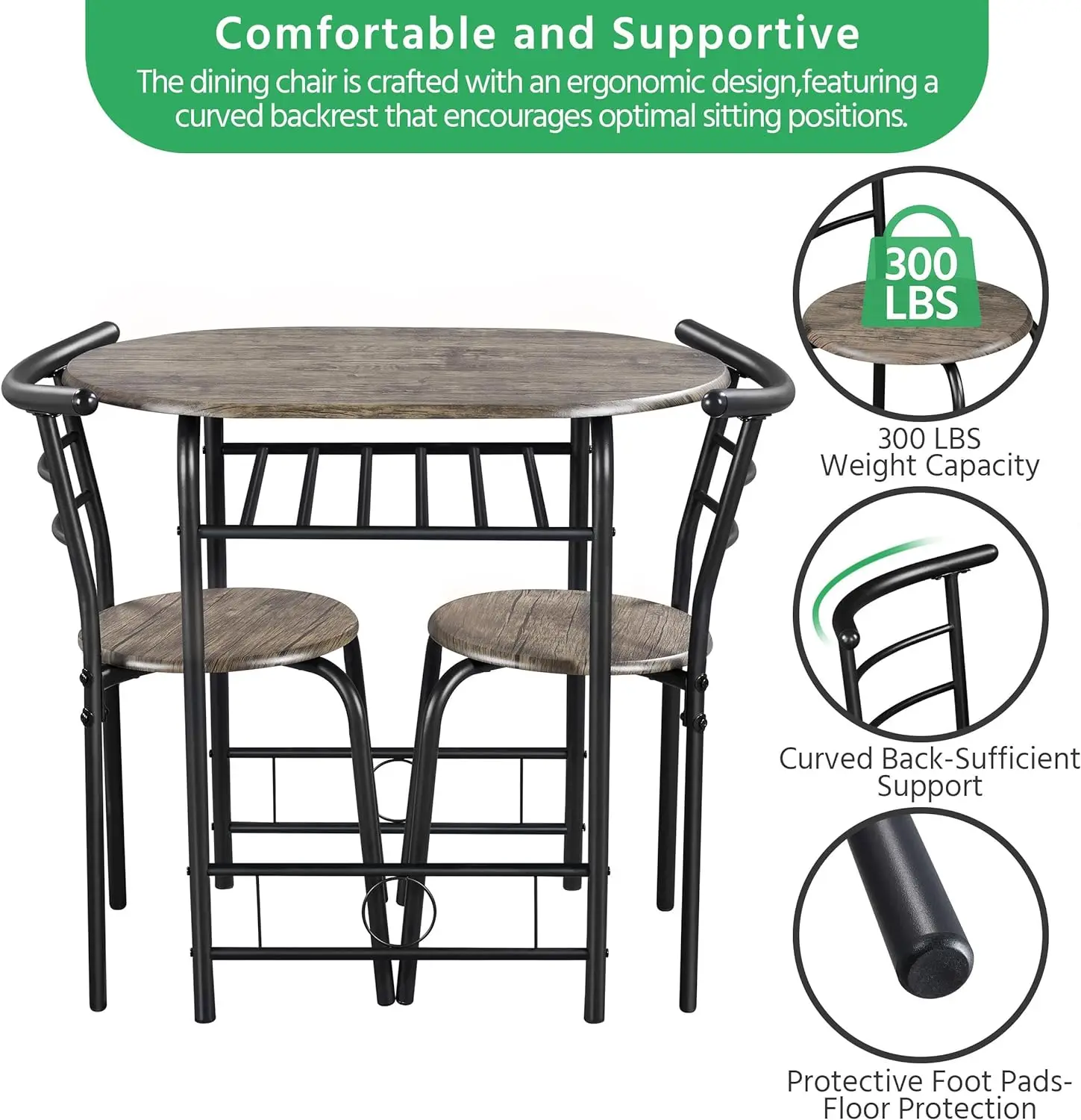 3 Piece Dining Table Set, Kitchen Table & Chair Sets for 2, Compact Bistro Table Set with Steel Legs, Built-in Wine Rack