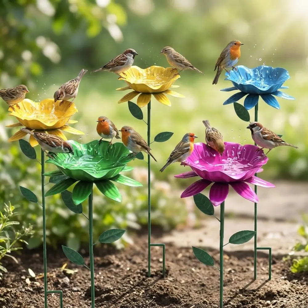 Flower Shape Metal Garden Birdbath Weather Resistant Handcrafted Bird Bath Stake Wavy Curved Petal UV Resistant