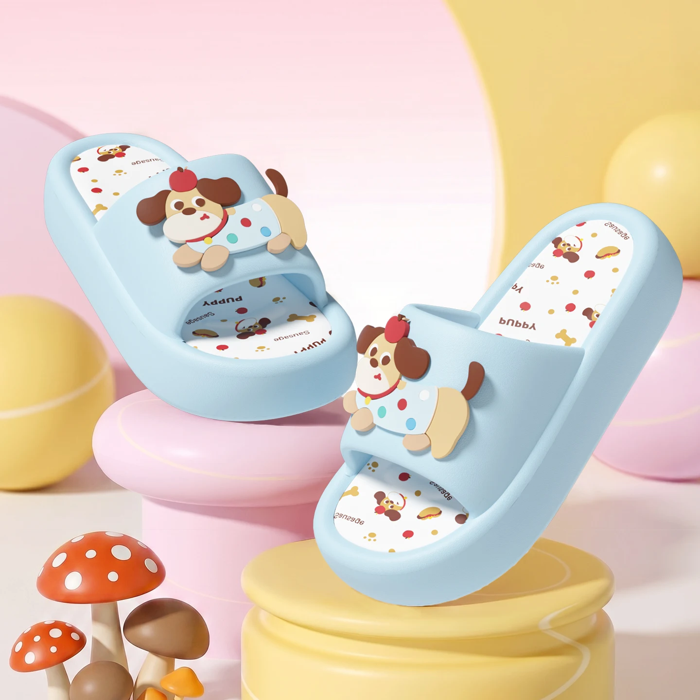Pair of cute light blue cloud slides with 3D cartoon dog charms on a pastel display background