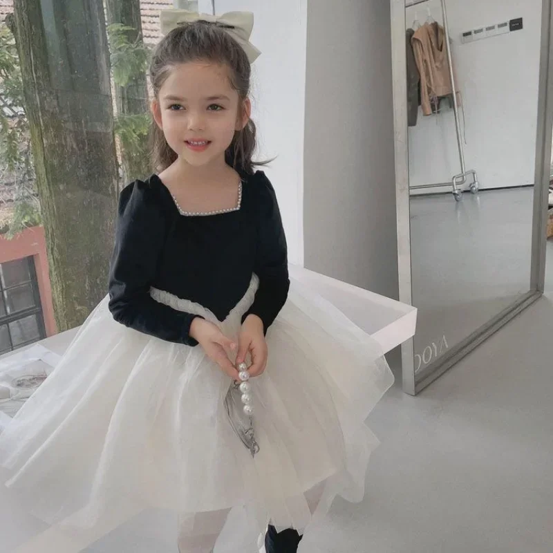 

Fashion Girls Long Sleeve Beaded Collar Velvet Dress 2024 Spring Fall New Black White Splicing Tulle Princess Party Dresses 2-6T