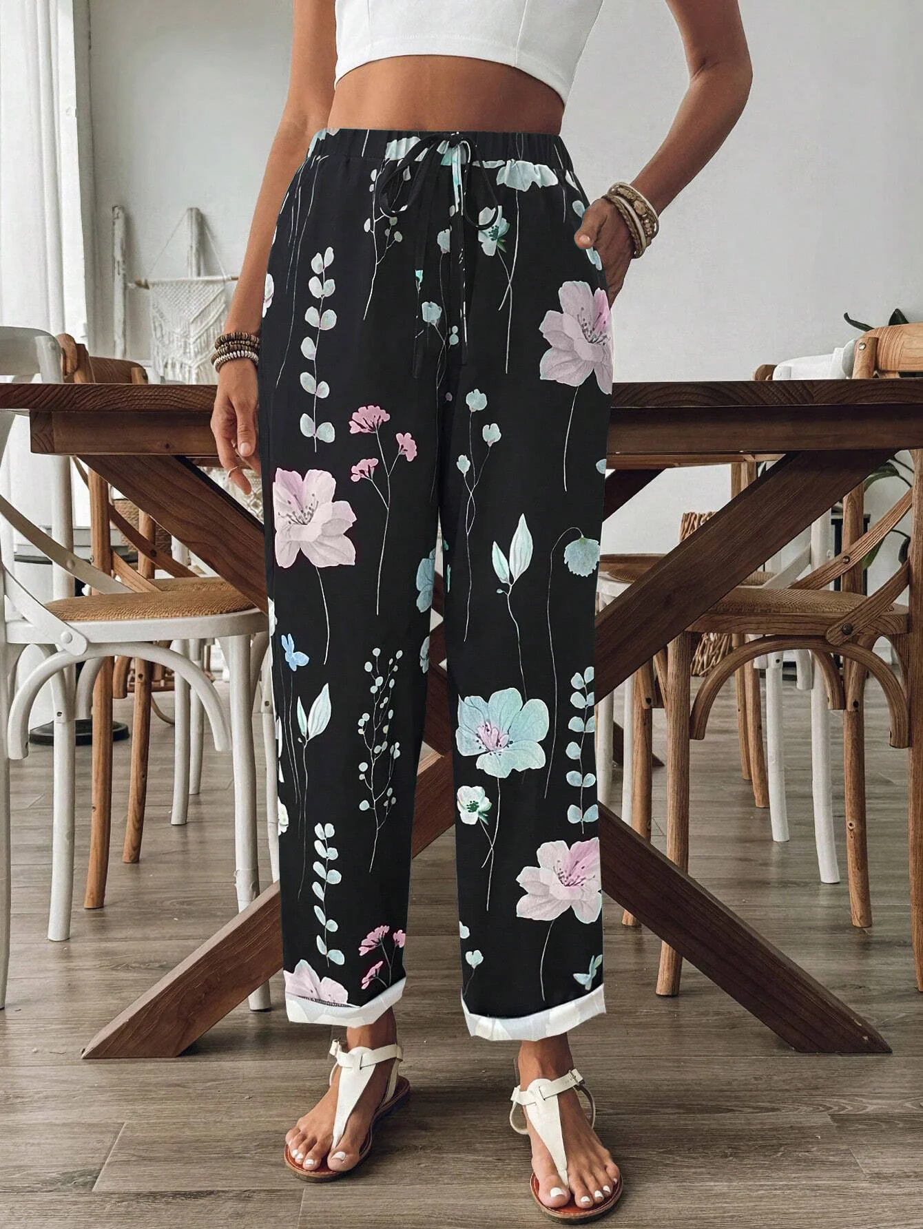 Plus Size Women's Pants with Fashionable Flower Print and Drawstring Casual Loose Pants