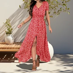 Women's V-neck Short Sleeve Button Floral Printed Elegant Party Dress Sexy Prom Casual 2024 Summer Front Split Hem Long Dresses