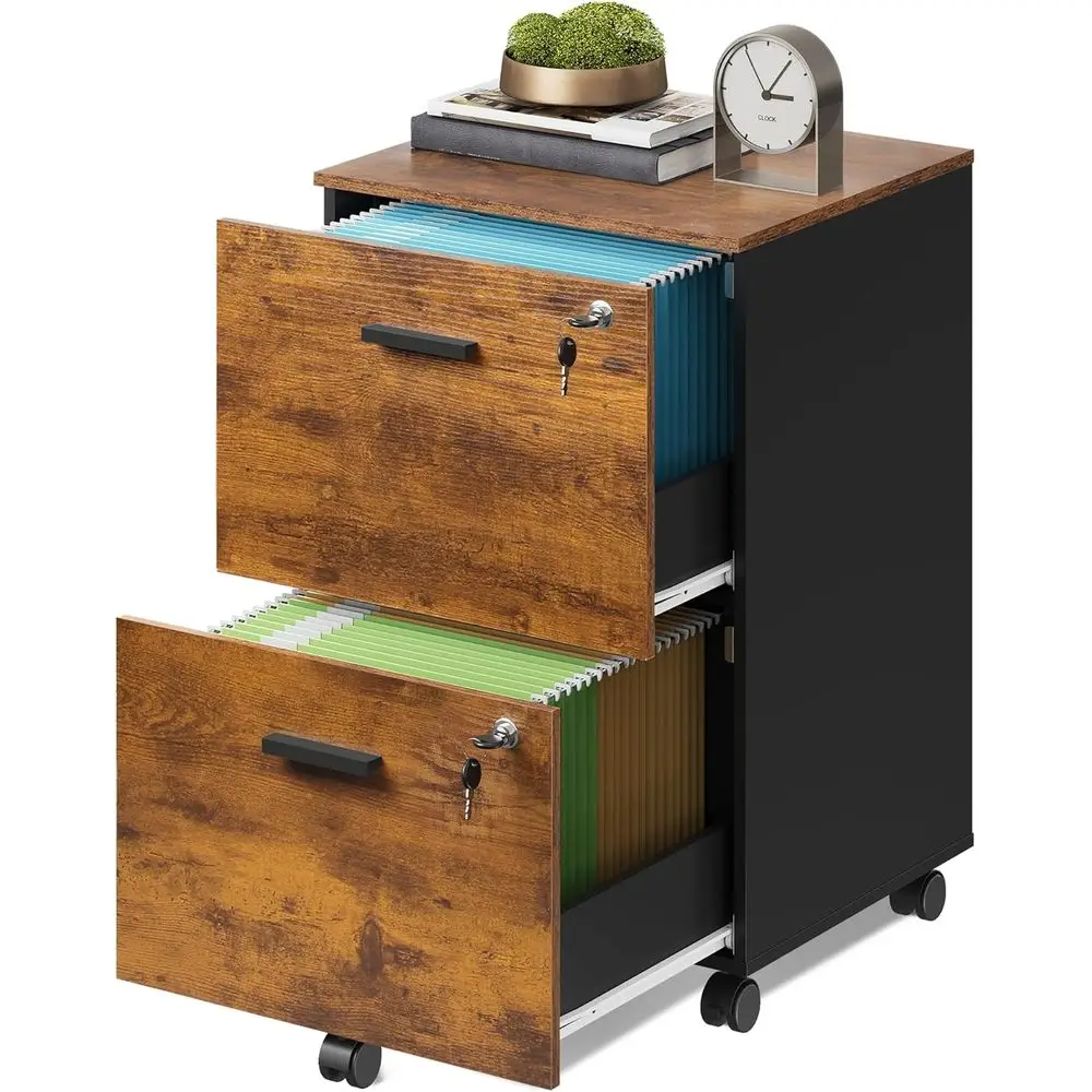 Der Cabinet with Lock, Mobile Printer Stand, Rustic Brown | Under Desk Cabinet, Wood Filing Cabinet, Rolling & Locking, A4 or Le