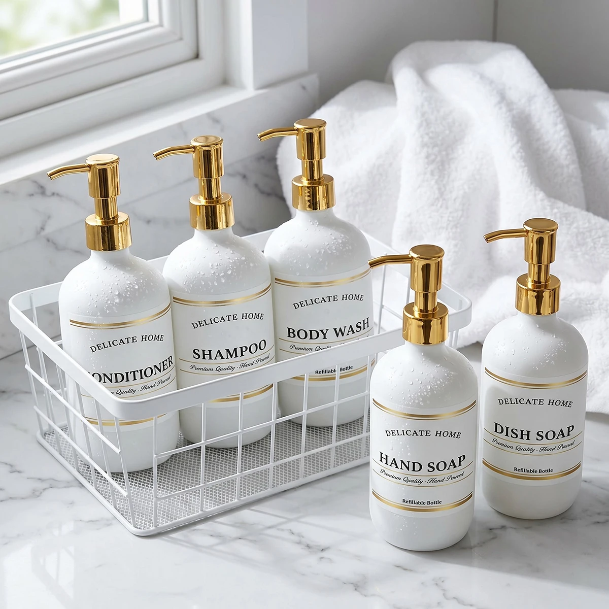 5-Pack Matte White Soap Dispenser Set Refillable Bottles for Shampoo Conditioner Body Wash Hand & Dish Soap Cohesive Home Decor