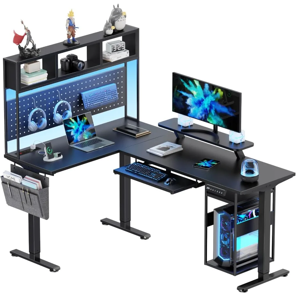 

Electric L Shaped Standing Desk Adjustable Height, Corner Computer Desk with Host Shelf, Gaming Desk with LED Lights
