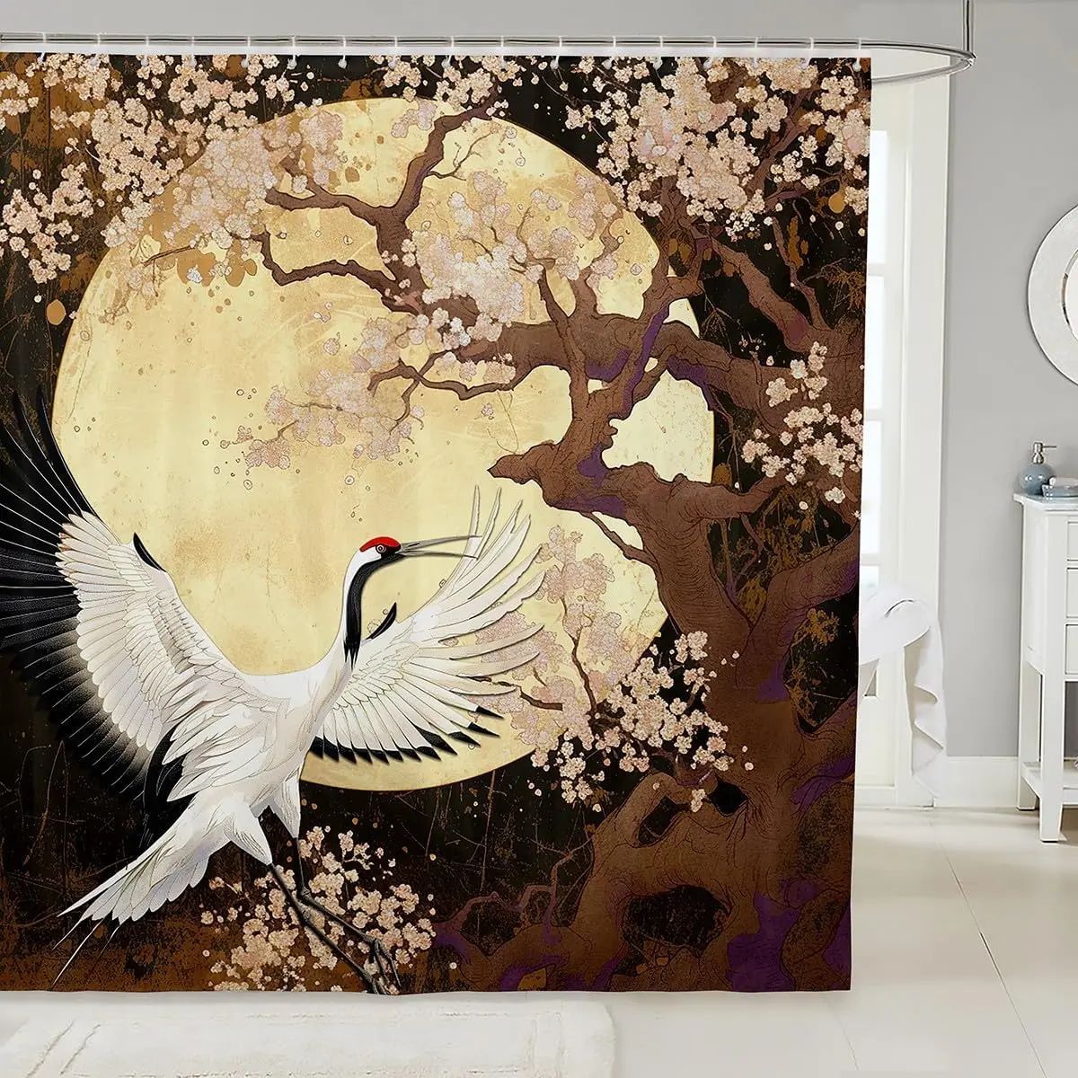 

Erosebridal Red-Crowned Crane Fabric Shower Curtain, Japanese Ukiyo-E Bathroom Shower Curtain Sets Vintage Floral with Moon