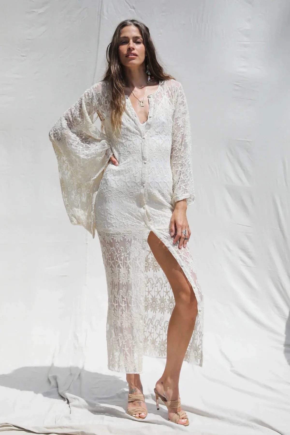 

Lace Embroidery Hollow Women White Robe 2025 New Flare Sleeve Round Neck Single Breasted Loose Female Maxi Dress