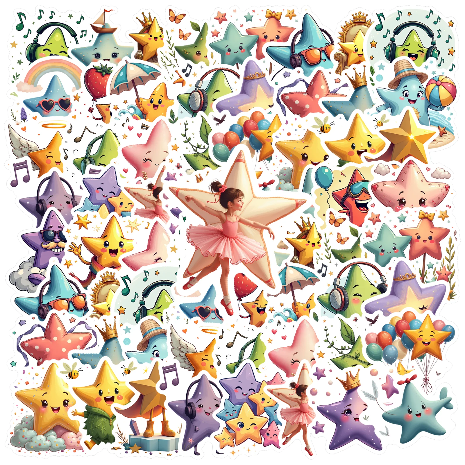 35-100pcs Cheerful Star Stickers Cartoon Graffiti Sticker Notebook Helmet Guitar Aesthetic Cute Sticker Decal Stationery