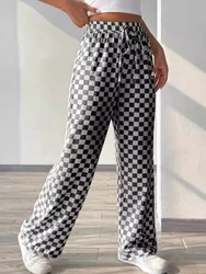 Checkered Printed Pants Lace Up Women's Casual Pants Fashionable High Street Versatile Daily Autumn Wide Leg Pants