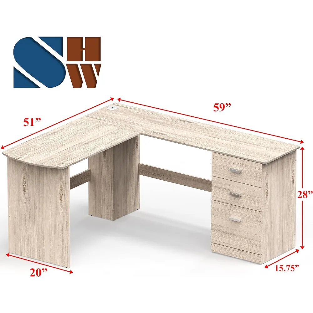 L-Shaped Home Office Wood Corner Desk with 3 Drawers, Maple