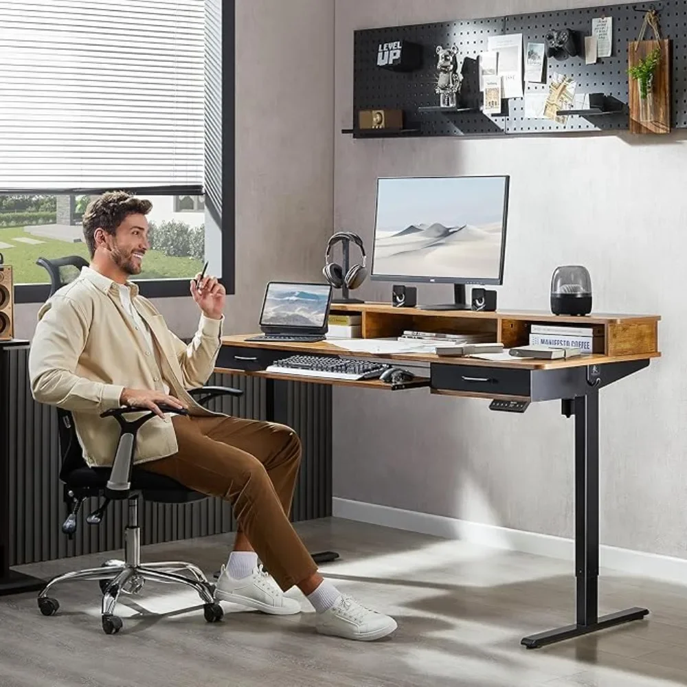 Electric standing desk with 2 drawers, height adjustable standing desk for home office, ergonomic sit-stand desk