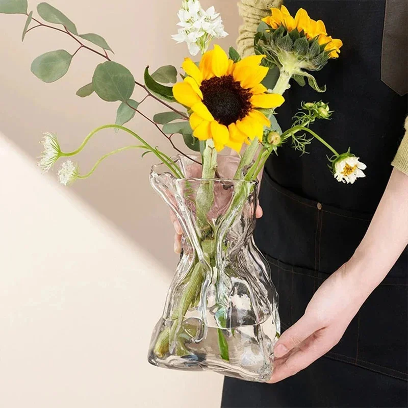 

New Modern Glass Flower Vase Wrinkled Flower Bottle Hydroponic Plants Pot Table Decorative Vase Home Office Desktop Decoration