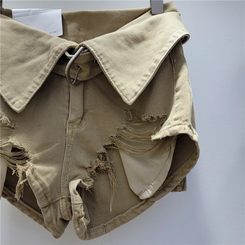 Vintage Holes Patchwork Denim Shorts Women Trend Lapel High Waist Irregular Jeans Pants Drop Shipping Wholesale Female Clothing