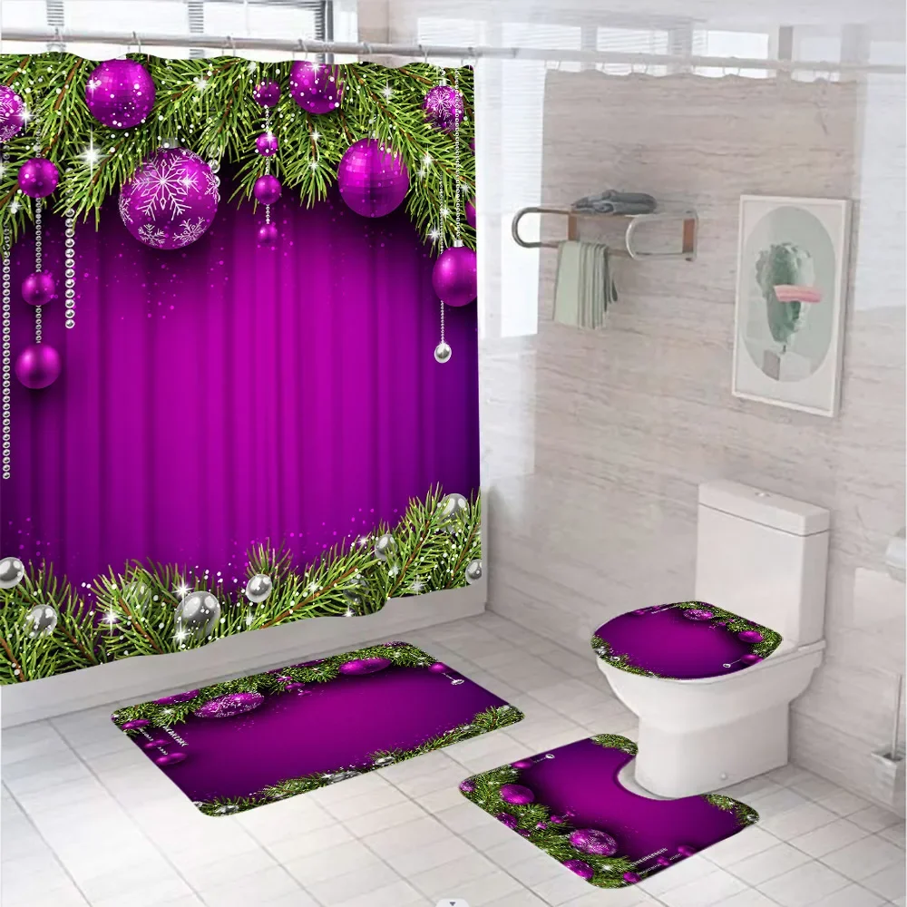 Christmas Shower Curtain Set For Bathroom Decor Purple Xmas Balls Snowflake Winter Green Pine Branch Rug Toilet Cover Bath Mats