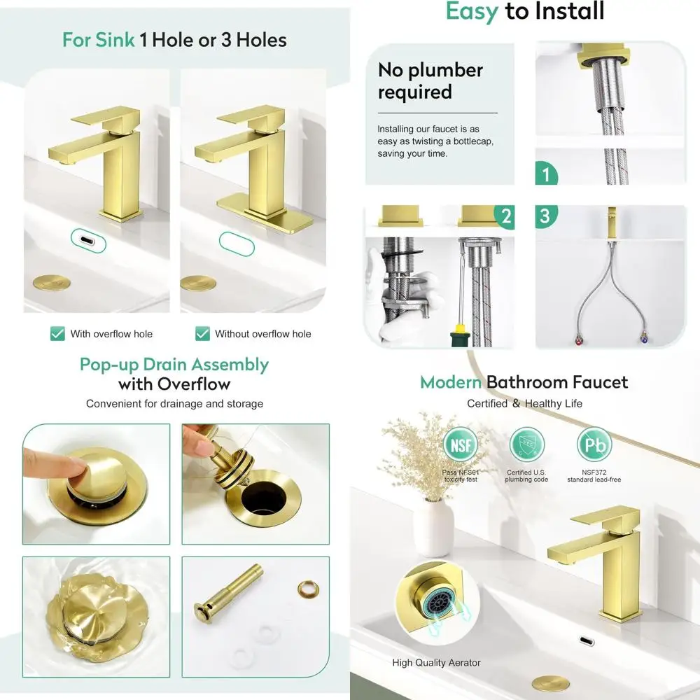 

Single Handle Brushed Gold Bathroom Faucet with Pop-Up Drain for One Hole Sink