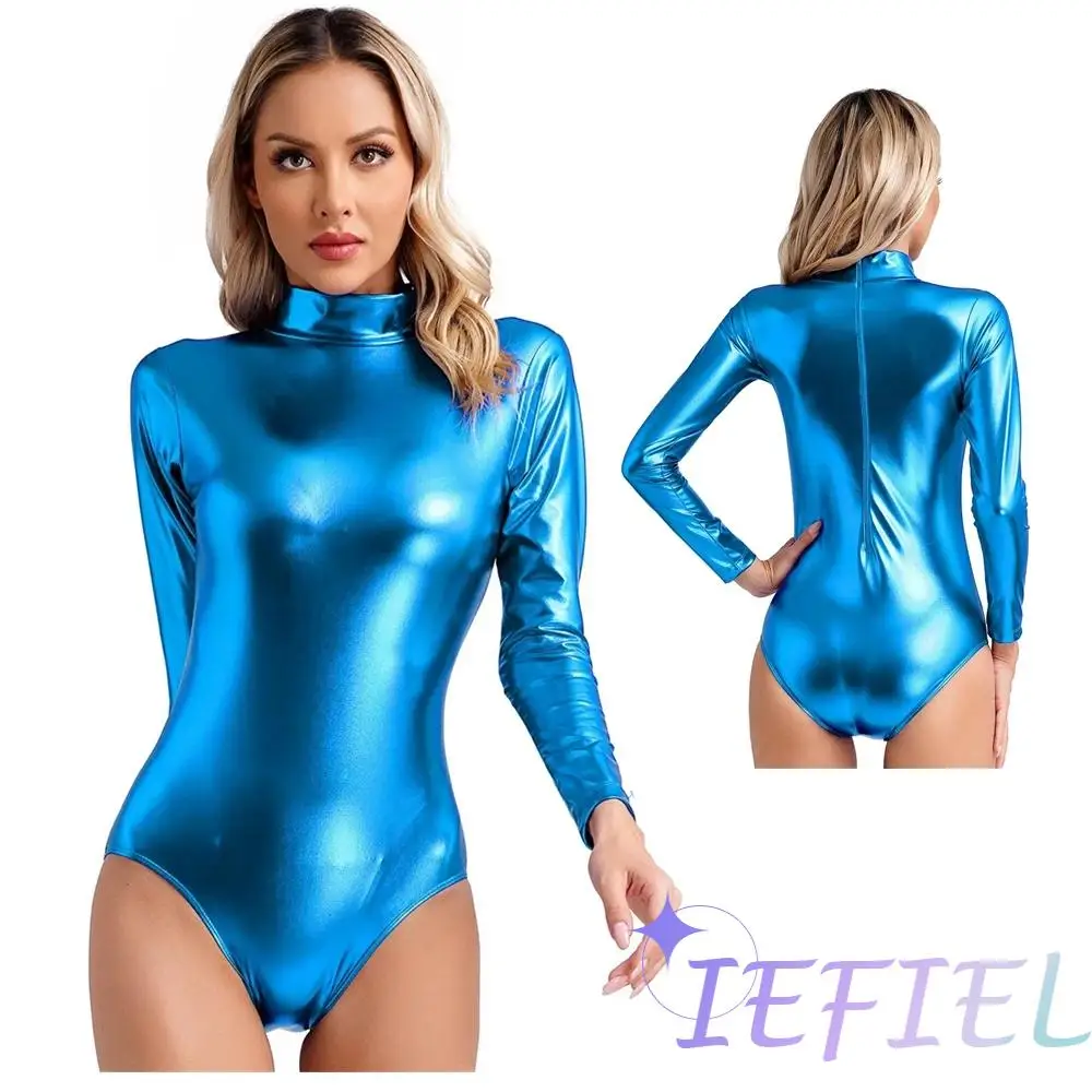 Women Metallic Shiny Athletic Leotard Bodysuit Long Sleeve Bodycon Skinny Tights Jumpsuit One-Piece Rave Disco Party Performance