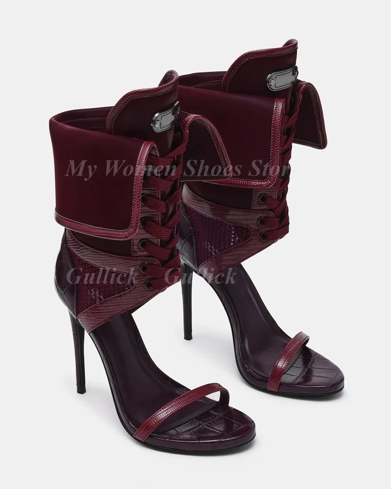 Plum Lace Up Summer Boots Air Mesh Open Toe Thin High Heel Hot Sale 2026 Autumn Spring Women Dress Shoes Turn Over Ankle Booties