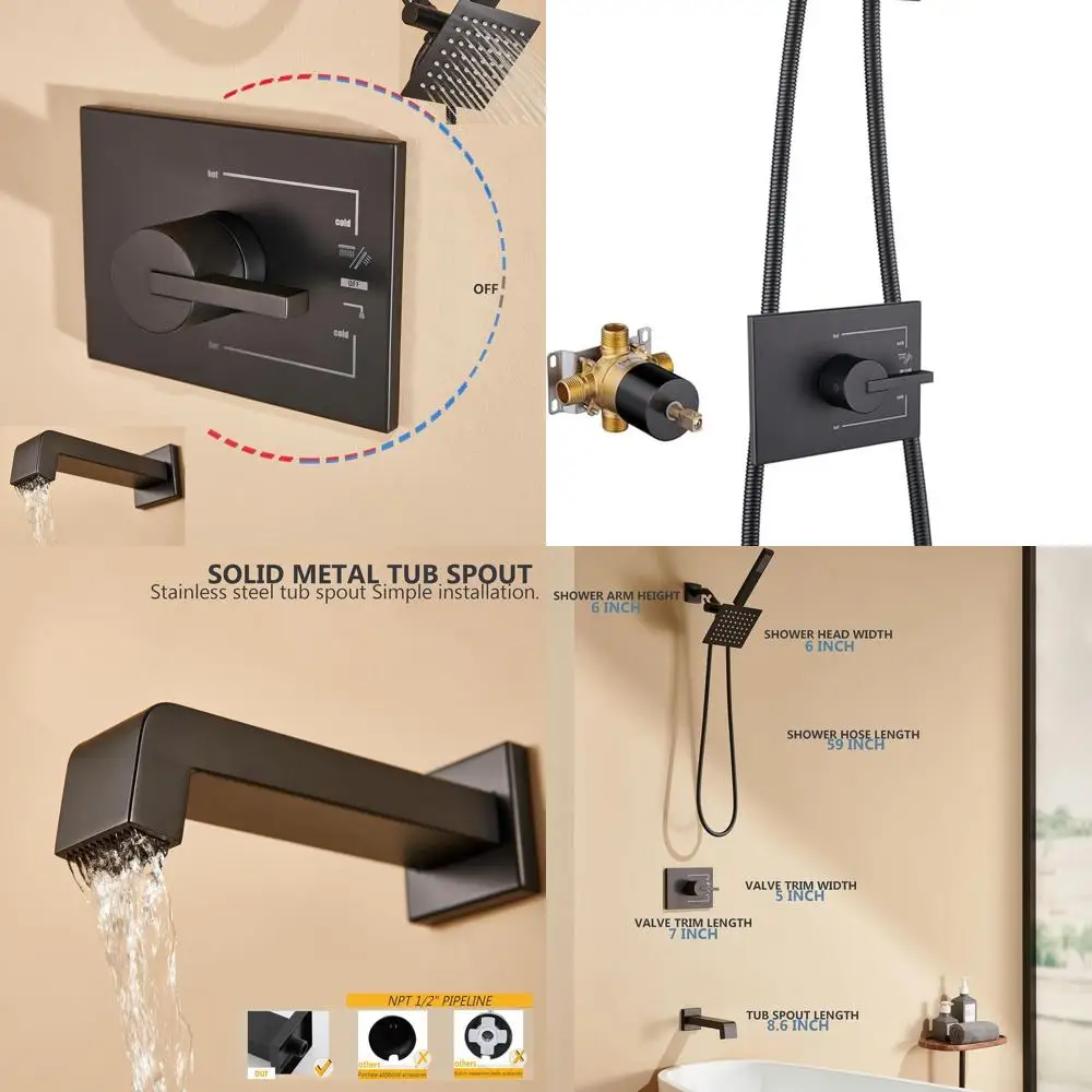 

Black Dual Shower System with Handheld and Fixed Heads, 3-Way Diverter, and Tub Spout