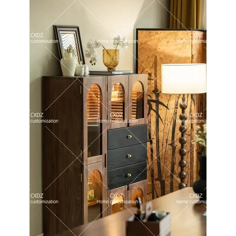 Black Walnut Retro Display Bookcase Living Room Sofa Side Cabinet Dining Storage Cabinet Wine Rack Shelf Unit