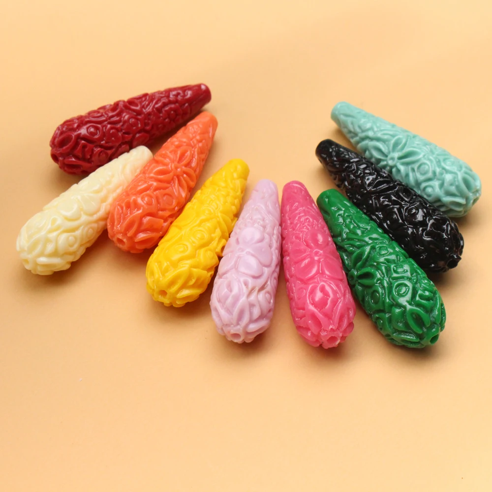 11mm×35mm Artificial Coral beads Carved Flower Bead Tear Drop Shape Cabochon Beige Green Mix Colors for Jewelry Earring making