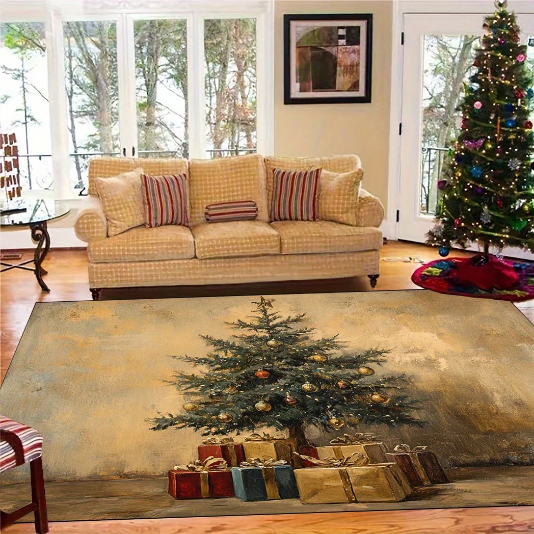 VIKAMA Vintage Christmas Tree Area Rug,Non‑Slip Large Living‑Room Floor Mat Style Gift‑Box Print Carpet for Holiday Home Decor