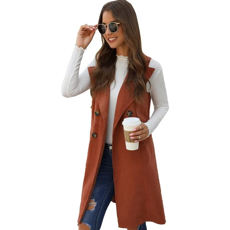 Women\'s Double Breasted Long Vest Jacket Casual Sleeveless Pocket Outerwear Longline Brown