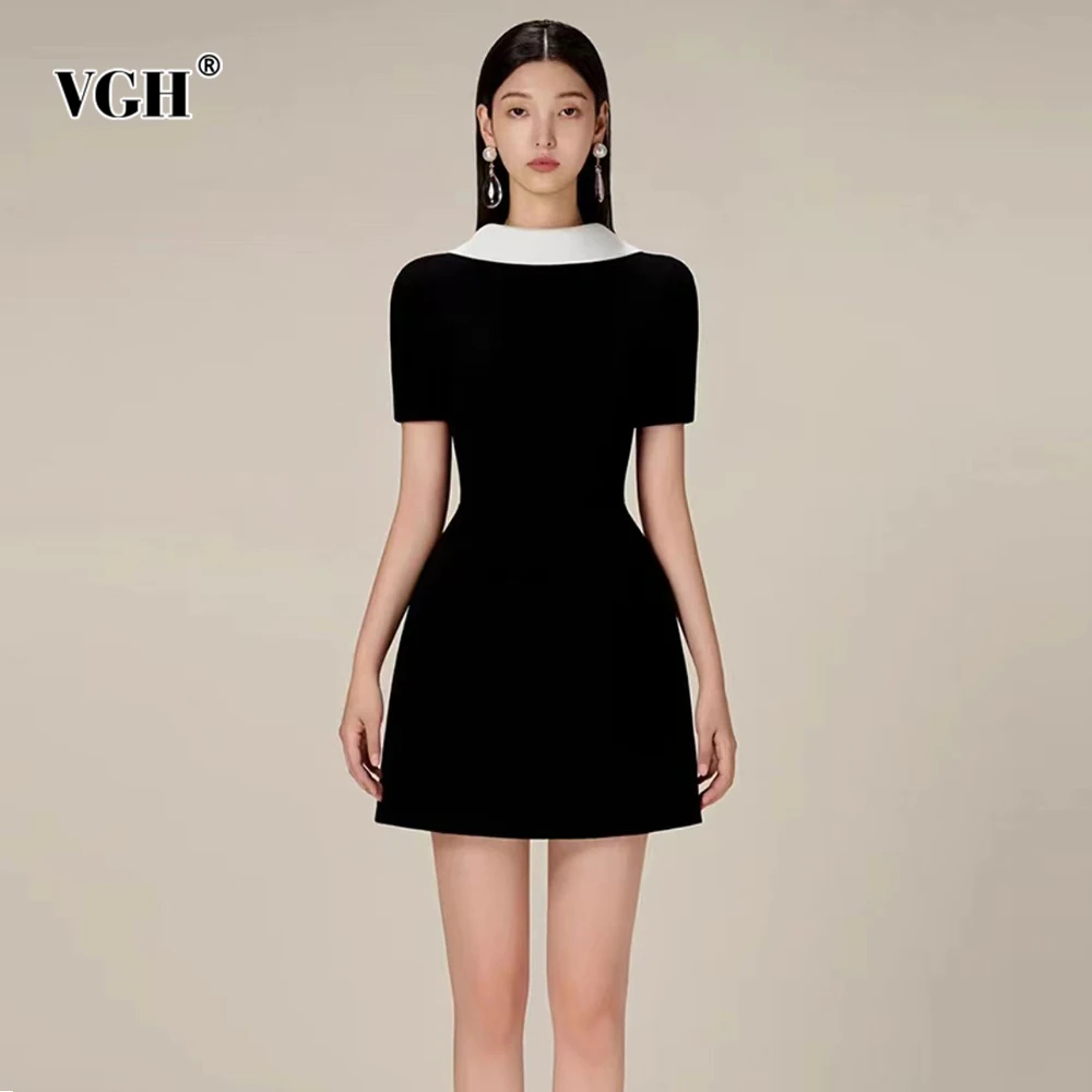 

VGH Temperament Slimming Short Dresses For Women Round Neck Short Sleeve Backless High Waist Elegant Dress Female Fashion New