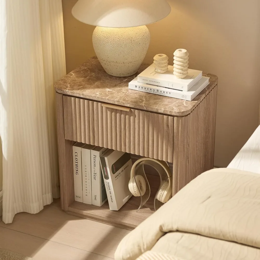 Par de mesitas de noche con tapa de mármol: mesitas de noche modernas de madera maciza con cajón y estante abierto