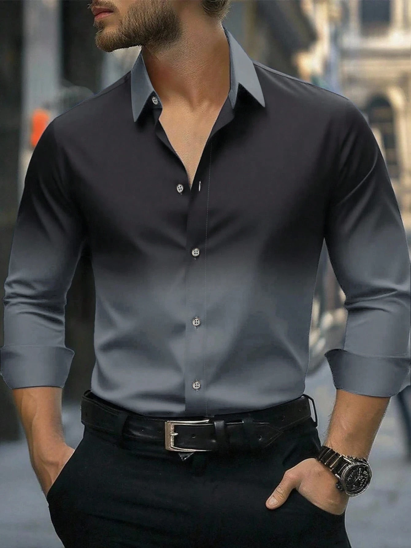 

Мужская рубашка на пуговицах с градиентом цвета 2025 года, осенняя мужская рубашка с длинным рукавом, удобная блузка с отложным воротником, одежда