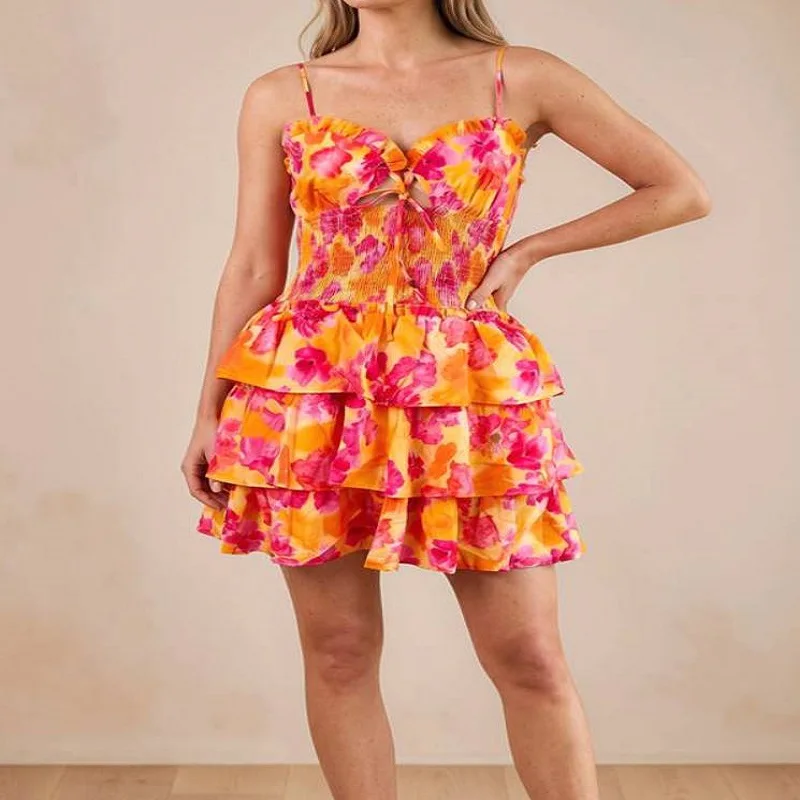 

Women'S Casual Dress Cute A Line Ruffle Hem Flattering Fit Beach Vacation Sundress Flower Color