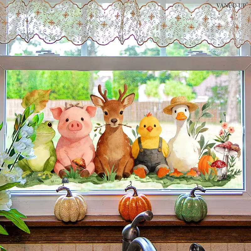 1pc Forest Animal Gathering Wall & Window Sticker, Self-Adhesive Decorative Sticker,Suitable for Windows,Doors,Kids Room,Kitchen