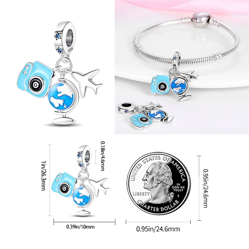 925 Sterling Silver Blue Airplane Camera Suitcase Pendant Fit Original  Bracelet Charm Bead Necklace Diy Female Jewelry