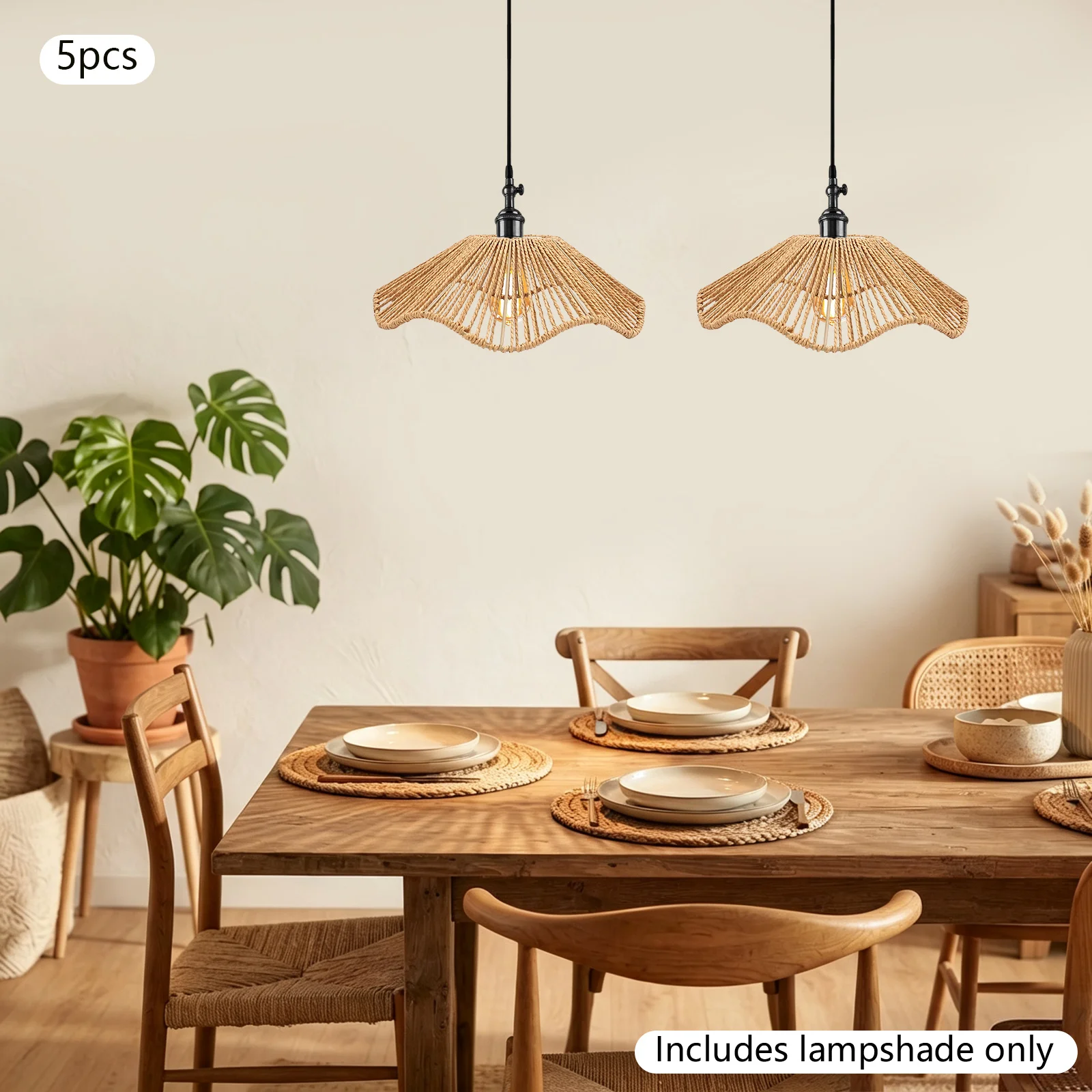 5Pcs Paper Rope Woven Lampshade, Handwoven Lamp Shade Light Cover for Pendant Lamp Chandelier Table Lamp, Home Bedroom Restaurant Decor Lampshades